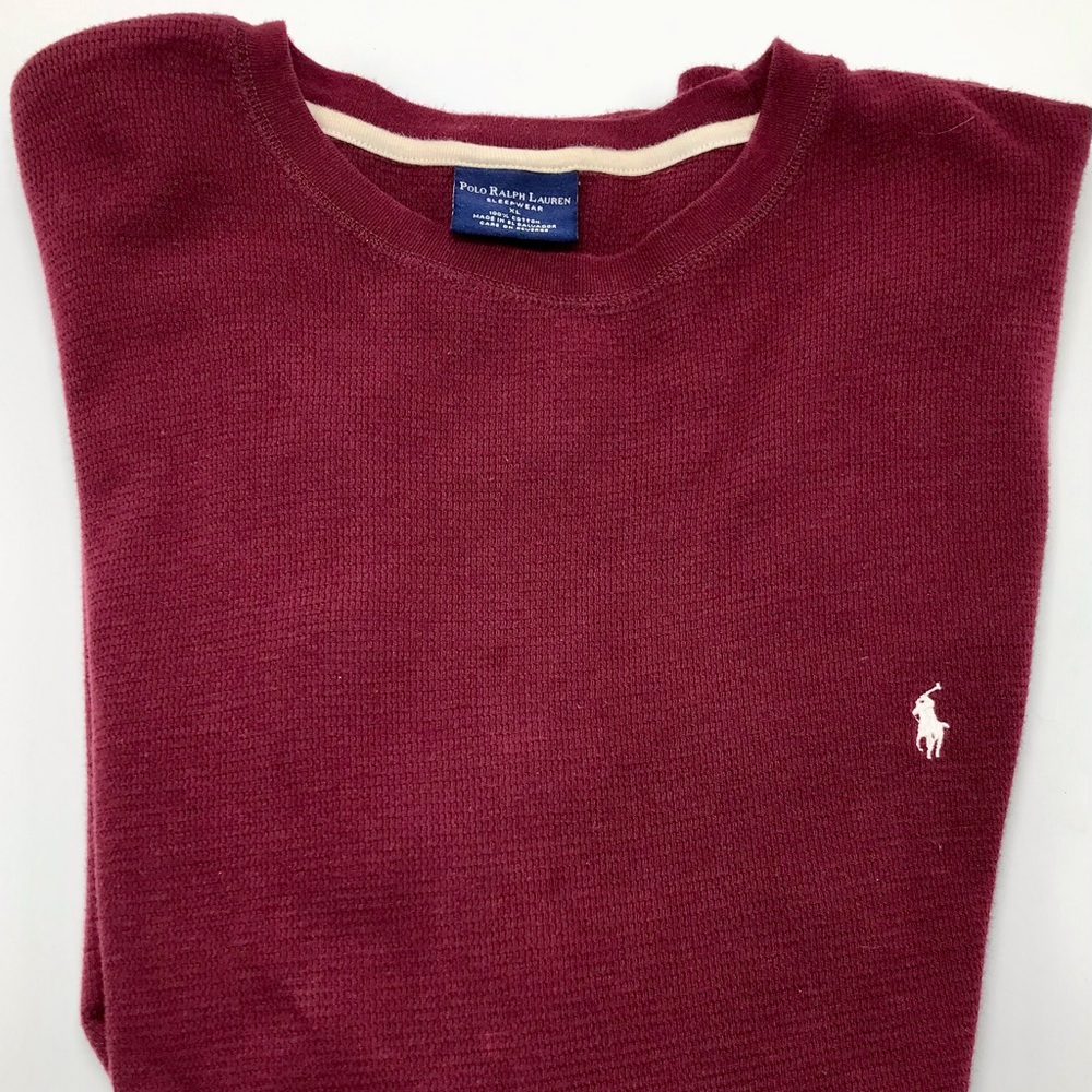 COPY - Polo Long Sleeve Waffle Knit Tee Shirt Maroon XL Stain on right sleeve
